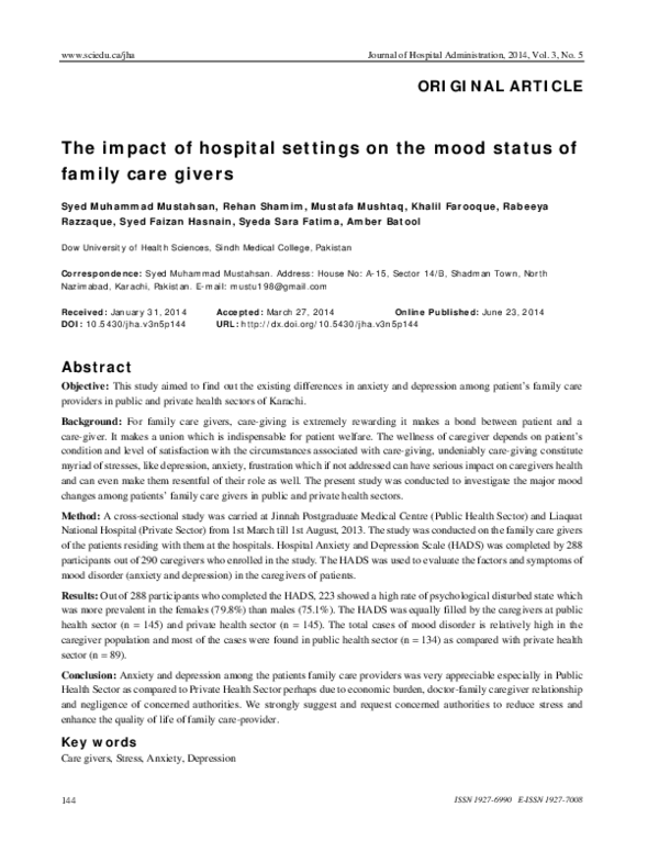 (PDF) The impact of hospital settings on the mood status of family care ...