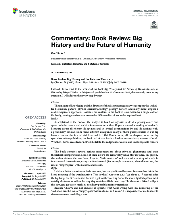 (PDF) Commentary: Book Review: Big History and the Future of Humanity