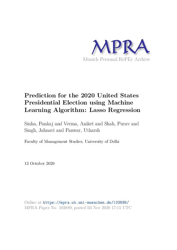(PDF) Prediction for the 2020 United States Presidential Election Using ...