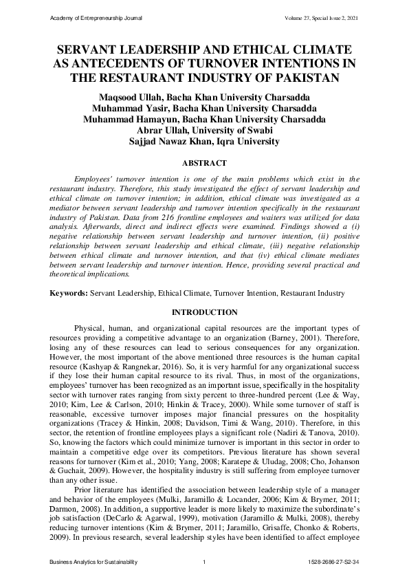 (PDF) SERVANT LEADERSHIP AND ETHICAL CLIMATE AS ANTECEDENTS OF TURNOVER ...