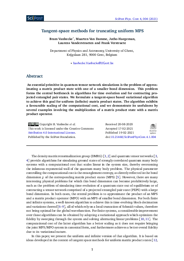 (PDF) Tangent-space methods for truncating uniform MPS