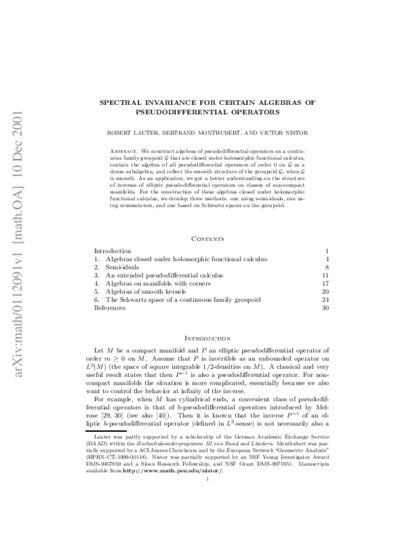 (PDF) Spectral Invariance for Certain Algebras of Pseudodifferential ...