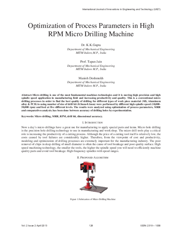 (PDF) Optimization of Process Parameters in High RPM Micro Drilling Machine