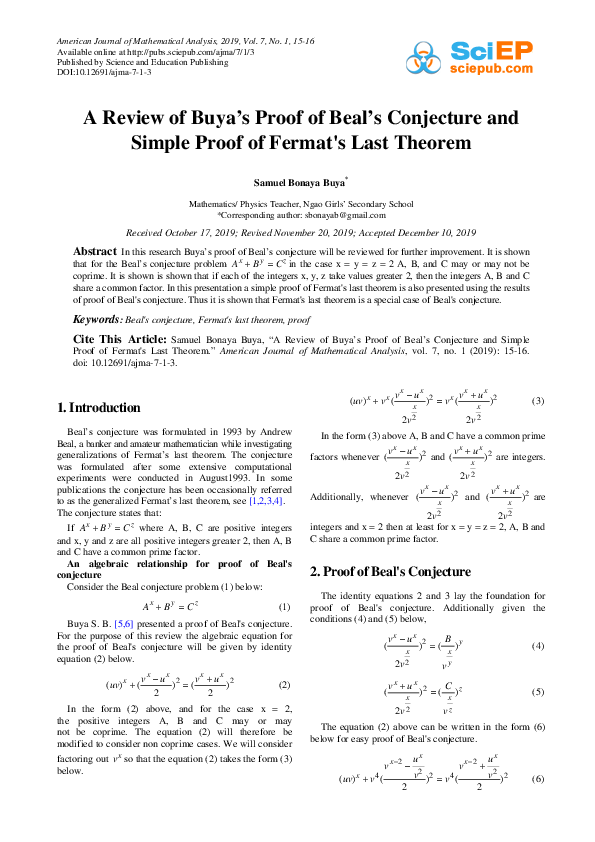 (PDF) A Review of Buya’s Proof of Beal’s Conjecture and Simple Proof of ...