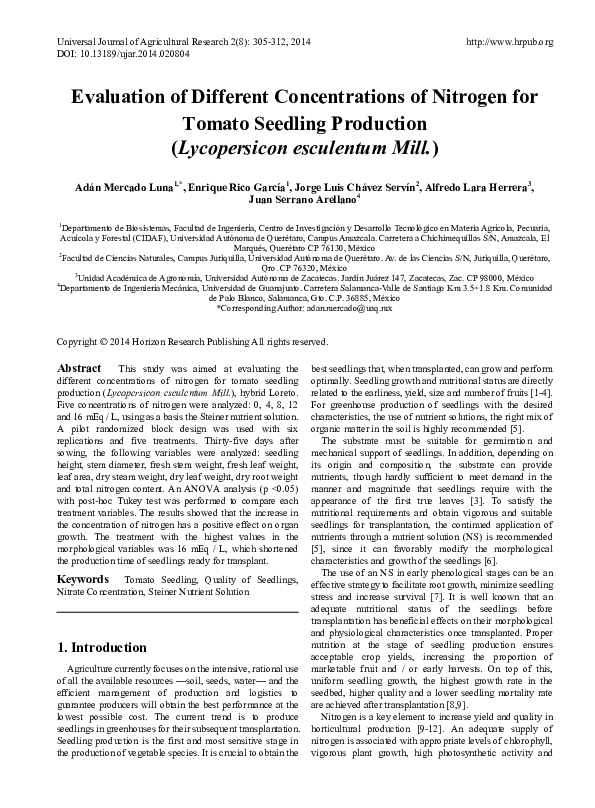 (PDF) Evaluation of Different Concentrations of Nitrogen for Tomato ...