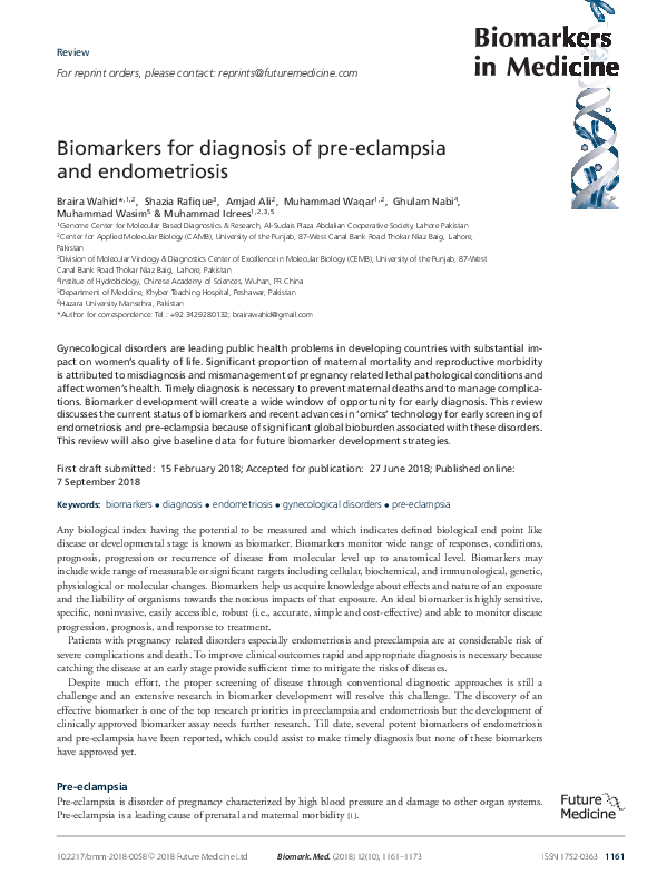 (PDF) Biomarkers for diagnosis of preeclampsia and endometriosis