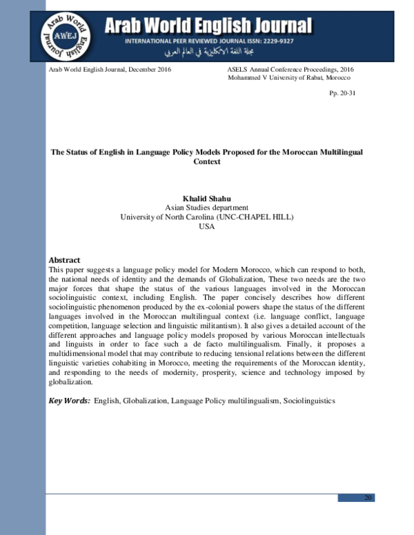 (PDF) The Status of English in Language Policy Models Proposed for the ...