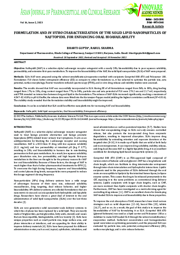 (PDF) FORMULATION AND IN VITRO CHARACTERIZATION OF THE SOLID LIPID ...
