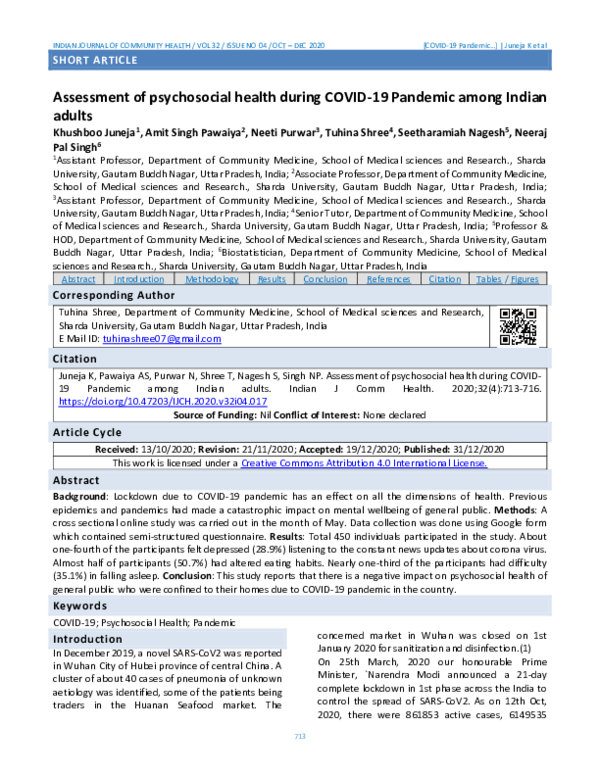 (PDF) Assessment of psychosocial health during COVID-19 Pandemic among ...