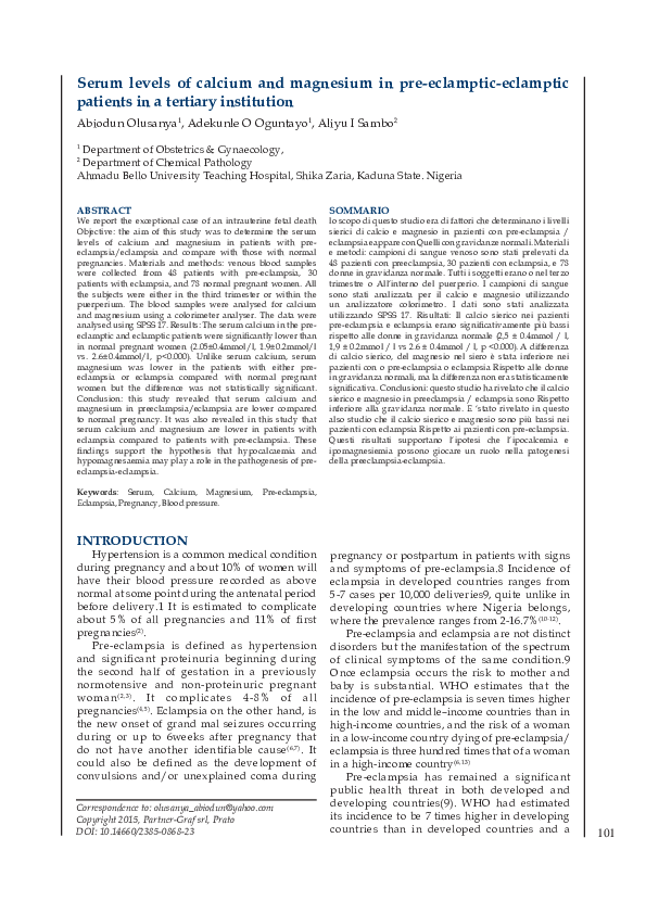 (PDF) Serum levels of calcium and magnesium in pre-eclamptic-eclamptic ...