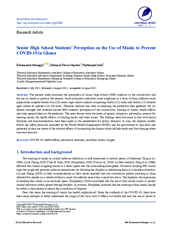 (PDF) Senior High School Students' Perception on the Use of Masks to ...