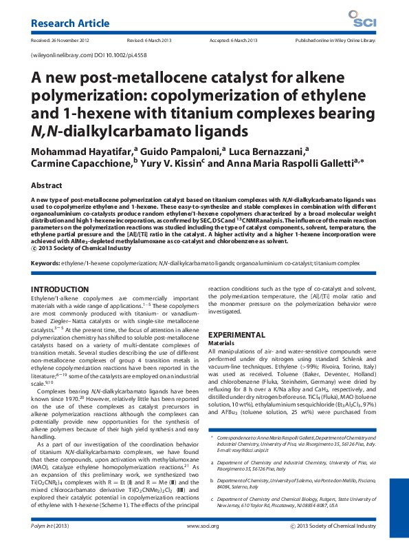(PDF) A new post-metallocene catalyst for alkene polymerization ...