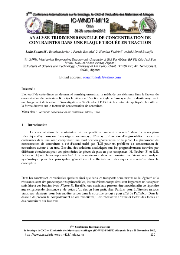 (PDF) Analyse Tridimensionnelle De Concentration De Contraintes Dans ...