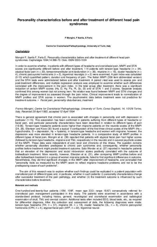 Personality Characteristics Before and After Treatment of Different Head Pain Syndromes