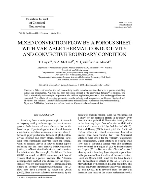 (PDF) Mixed convection flow by a porous sheet with variable thermal ...
