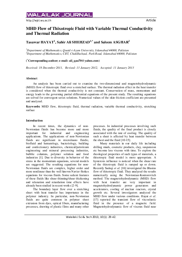 (PDF) MHD Flow of Thixotropic Fluid with Variable Thermal Conductivity ...