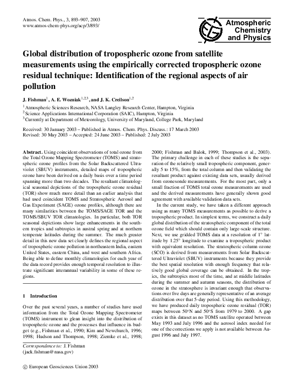 (PDF) Global distribution of tropospheric ozone from satellite ...