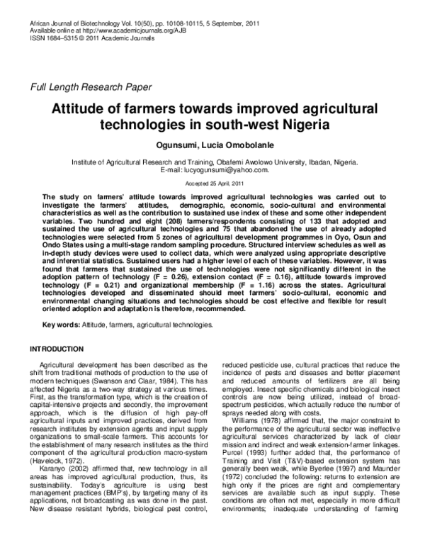 (PDF) Attitude of farmers towards improved agricultural technologies in ...