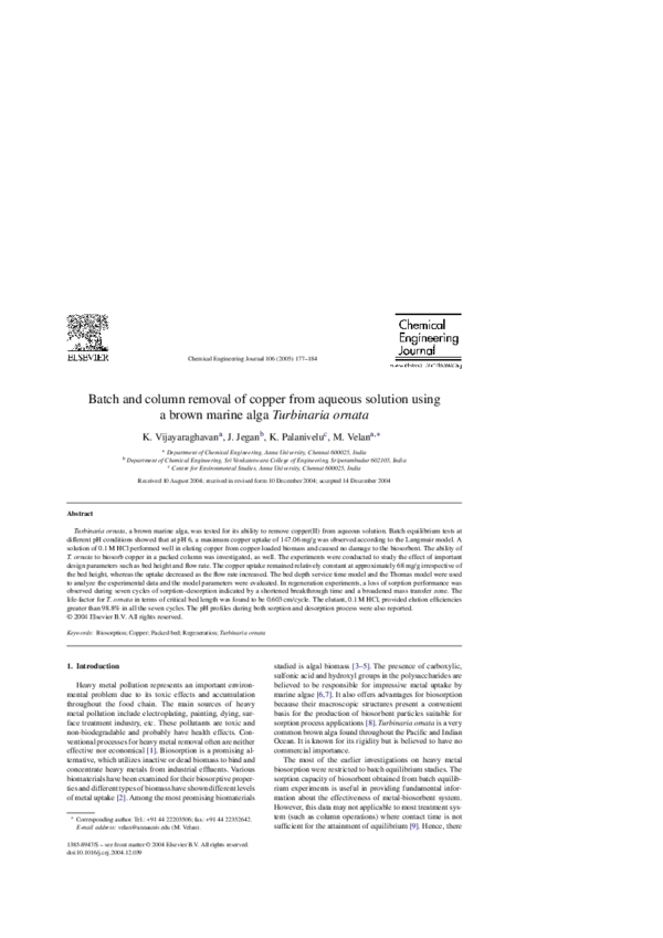 (PDF) Batch and column removal of copper from aqueous solution using a ...