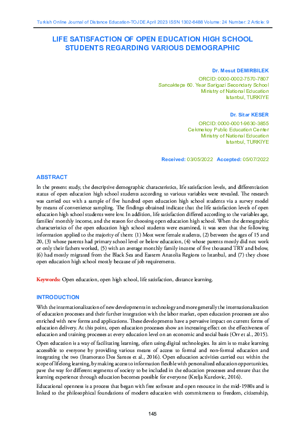 (PDF) LIFE SATISFACTION OF OPEN EDUCATION HIGH SCHOOL STUDENTS ...