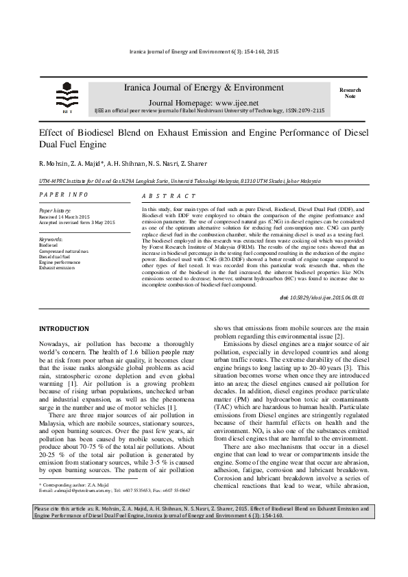 (PDF) Effect of Biodiesel Blend on Exhaust Emission and Engine ...