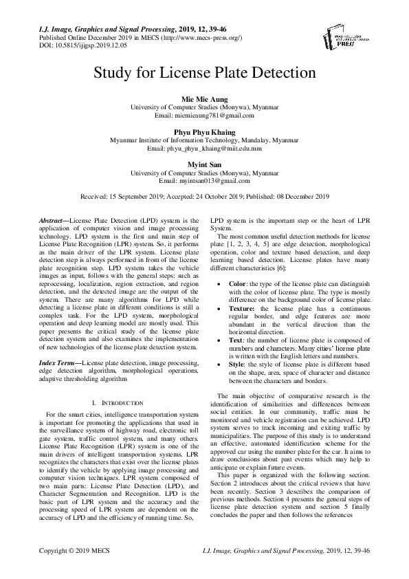 (PDF) Study for License Plate Detection