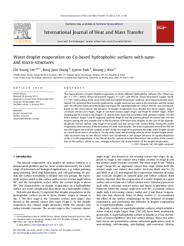 (PDF) Water droplet evaporation on Cu-based hydrophobic surfaces with ...