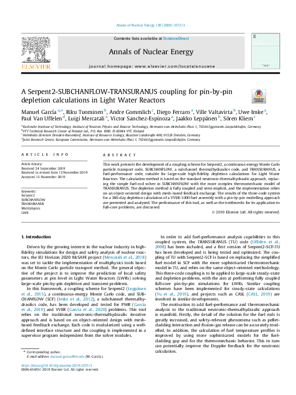(PDF) A Serpent2-SUBCHANFLOW-TRANSURANUS coupling for pin-by-pin ...