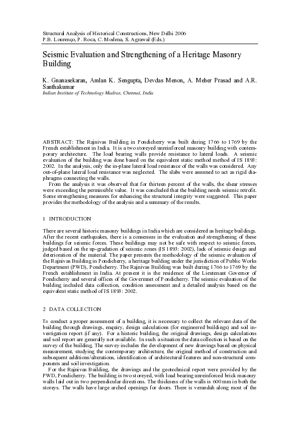 (PDF) Seismic Evaluation and Strengthening of a Heritage Masonry Building