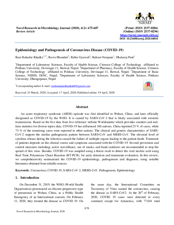 (PDF) Epidemiology and Pathogenesis of Coronavirus Disease (COVID-19)