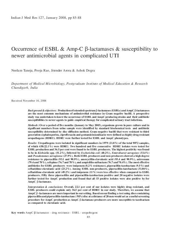 (PDF) Occurrence of ESBL & Amp-C beta-lactamases & susceptibility to ...
