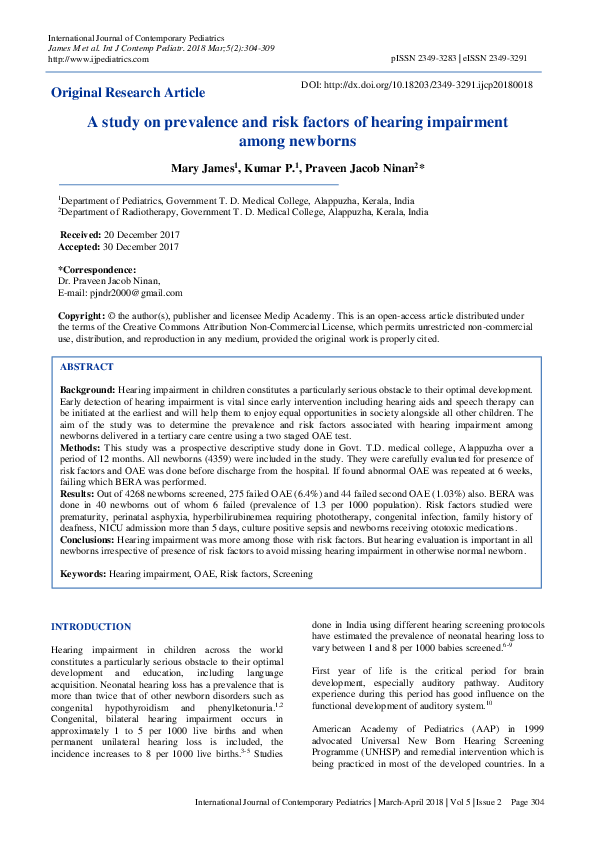 (PDF) A study on prevalence and risk factors of hearing impairment ...