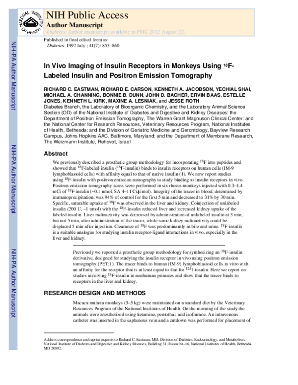 In vivo imaging of insulin receptors in monkeys using 18F-labeled insulin and positron emission tomography
