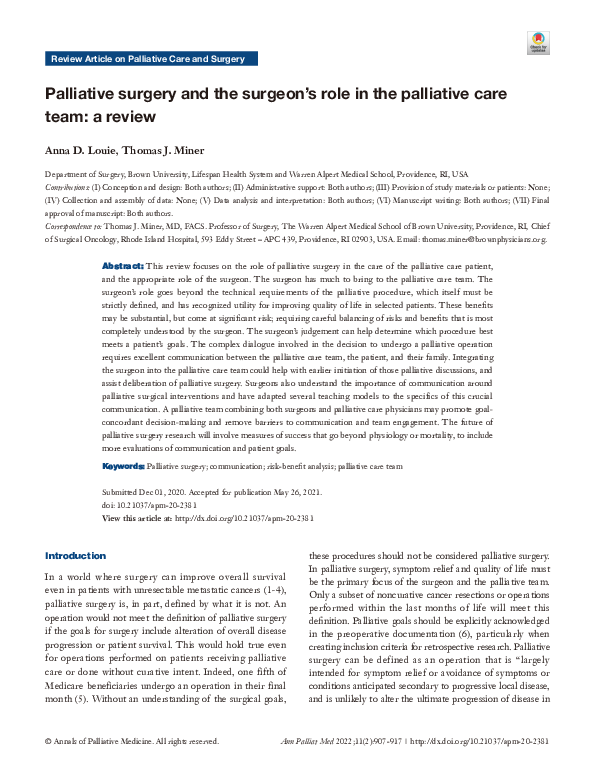 (PDF) Palliative surgery and the surgeon’s role in the palliative care ...