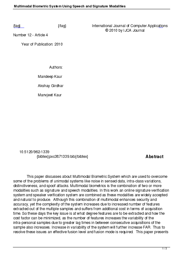 (PDF) Multimodal Biometric System Using Speech and Signature Modalities