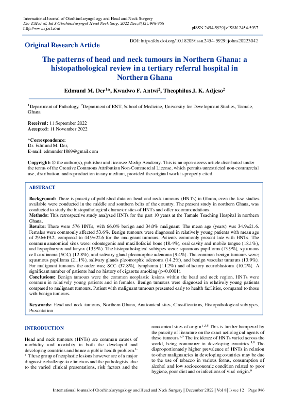 (PDF) The patterns of head and neck tumours in Northern Ghana: a ...