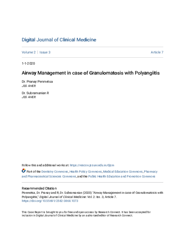 (PDF) Airway Management in case of Granulomatosis with Polyangiitis