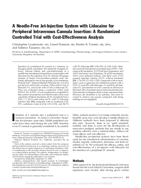 A Needle-Free Jet-Injection System with Lidocaine for Peripheral Intravenous Cannula Insertion: A Randomized Controlled Trial with Cost-Effectiveness Analysis