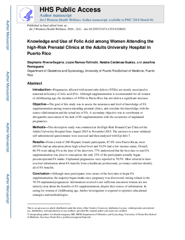 (PDF) Knowledge and Use of Folic Acid among Women Attending the high ...