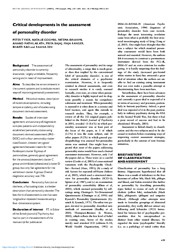 (PDF) Critical developments in the assessment of personality disorder
