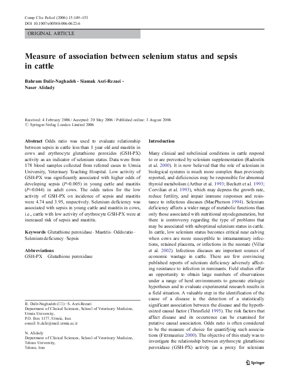 (PDF) Measure of association between selenium status and sepsis in cattle Siamak Asri