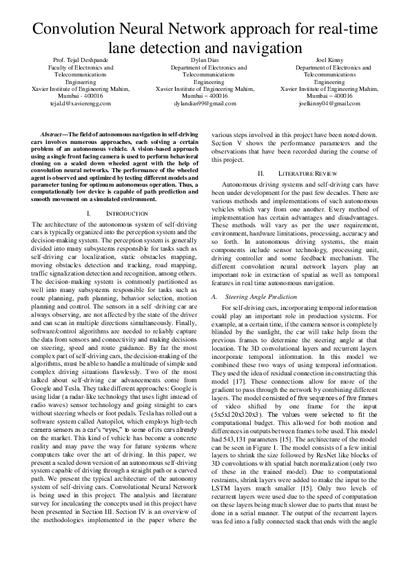 (PDF) Convolution Neural Network approach for real-time lane detection ...