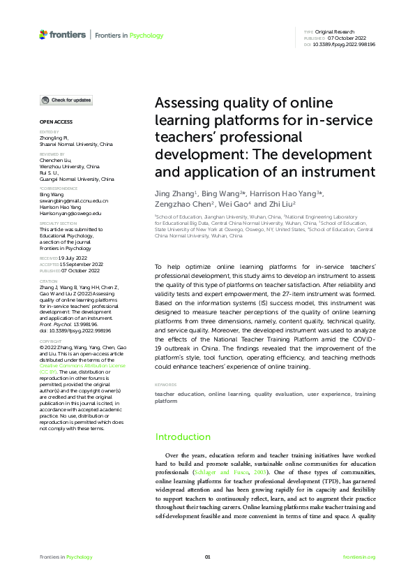 (PDF) Assessing quality of online learning platforms for in-service ...