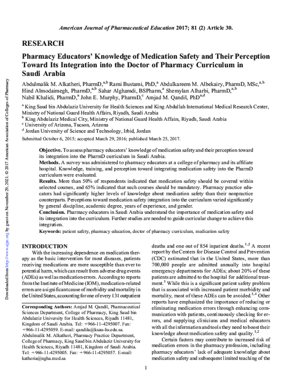 (PDF) Pharmacy Educators' Knowledge of Medication Safety and Their ...