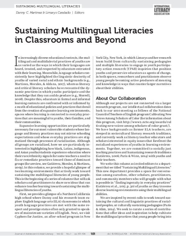 (PDF) Sustaining Multilingual Literacies in Classrooms and Beyond