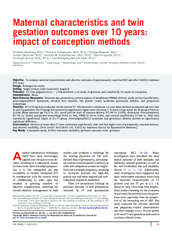 (PDF) Maternal characteristics and twin gestation outcomes over 10 ...