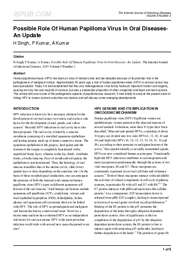 (PDF) Possible Role Of Human Papilloma Virus In Oral Diseases- An Update