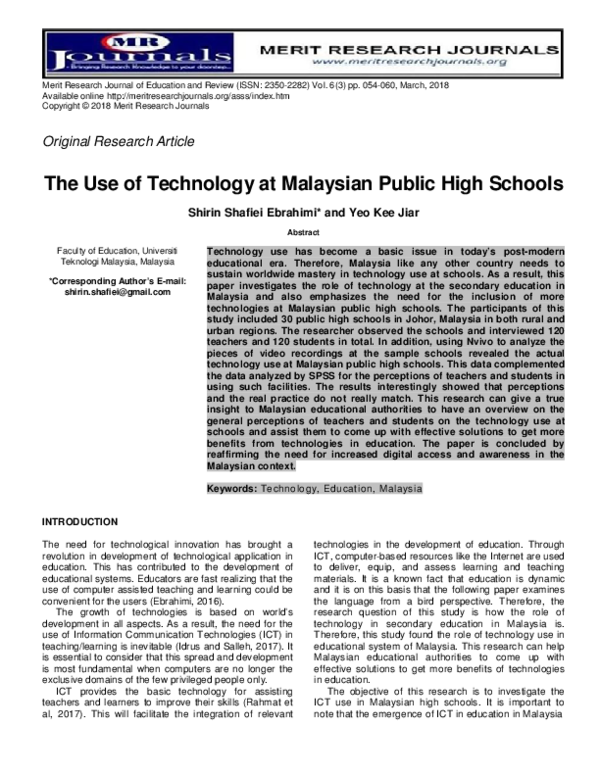 (PDF) The use of technology at Malaysian public high schools