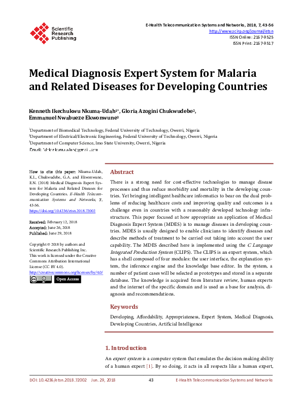 (PDF) Medical Diagnosis Expert System for Malaria and Related Diseases ...