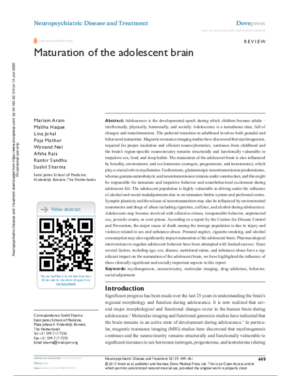 (PDF) Maturation of the adolescent brain